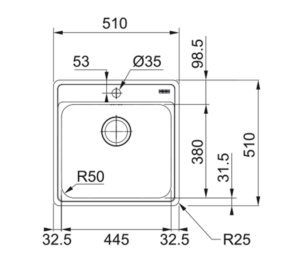 Franke Bell BCX 610–51TL, встраиваемая сверху кухонная мойка 51х51хh20 см, 
цвет полированная сталь