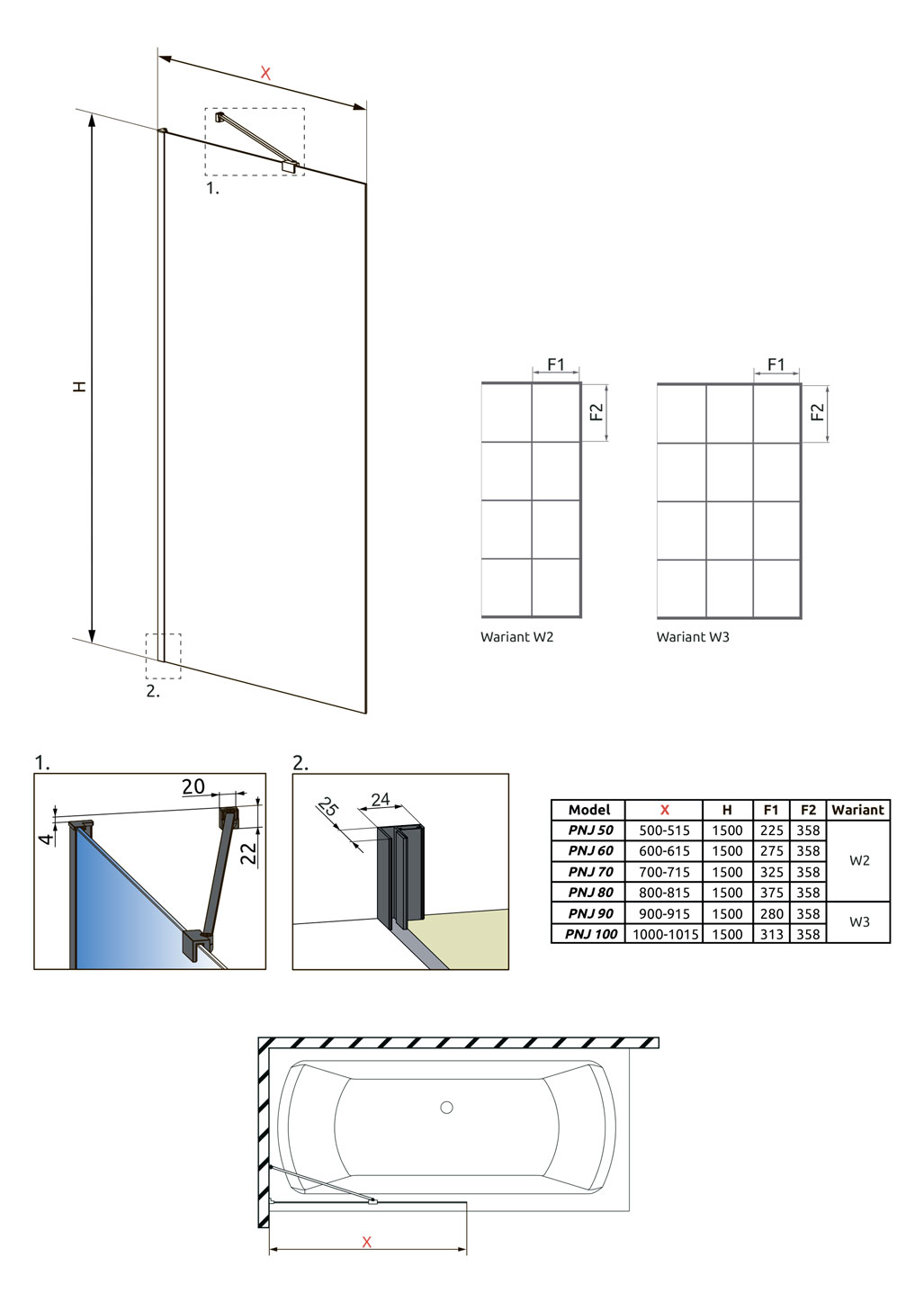 Radaway Idea PNJ II, шторка на ванну 70 см, 
стекло прозрачное EasyClean/Factory, профиль черный матовый