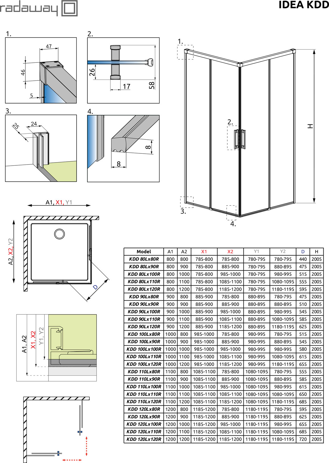 Radaway Idea KDD 90L, левая часть душевого угла 90 см, 
стекло прозрачное, профиль черный матовый