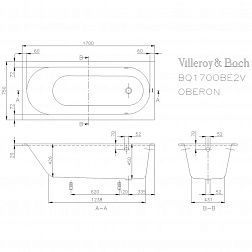 V&B Oberon UBQ170OBE2V-01, ванна встраиваемая 170х75хh45 см, с ножками, 
цвет Alpine White