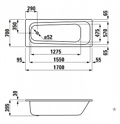 Laufen Pro, ванна встраиваемая 170х70хh39.5 см, без отверстий для ручек, 
цвет белый глянцевый