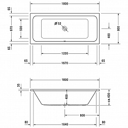 Duravit D-Code, ванна встраиваемая 180х80хh42 см, слив в центре, цвет белый глянцевый
