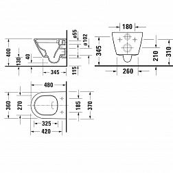 Duravit D-Neo, комплект подвесного унитаза 37x48 см, с углублениями, с сиденьем, цвет белый глянцевый
